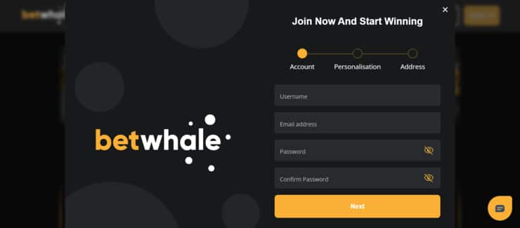 BetWhale registration form