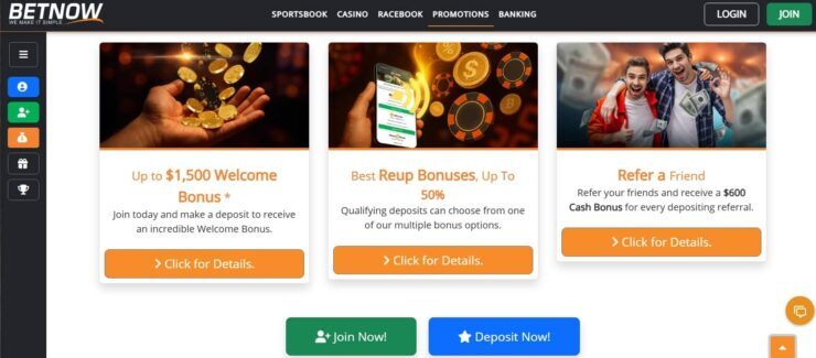 BetNow betting bonuses section