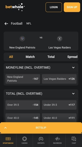 a mobile screenshot displaying an NFL game odds from BetWhale