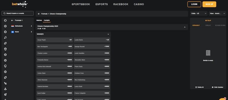 F1 betting market at BetWhale