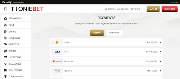 Deposit money at ToonieBet