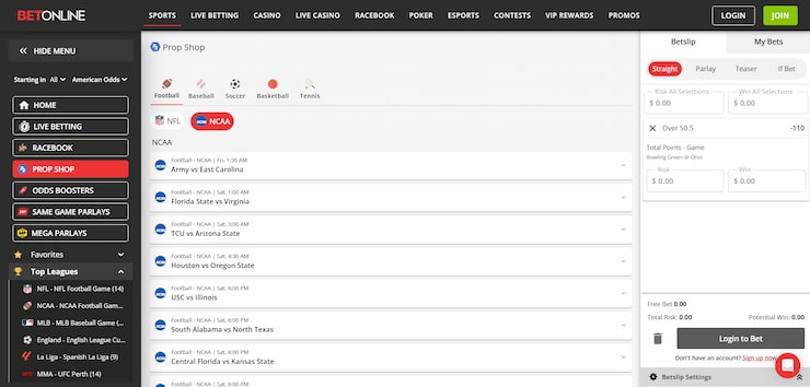 BetOnlines Prop Shop feature is one of the best Virginia sports betting features out there.