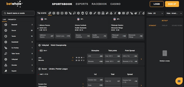 a screenshot showing the main sportsbook page at BetWhale