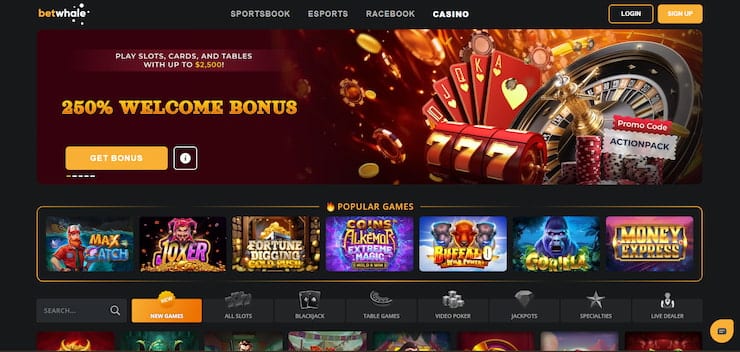 a screenshot of the homepage of BetWhale, our top reviewed online casino