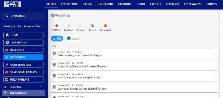 SportsBetting's Prop Shop odds