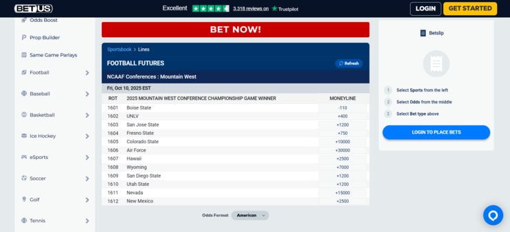 BetUS for Wyoming sports bets on college football