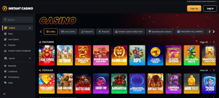 Instant Casino has an extensive library of no KYC casino games