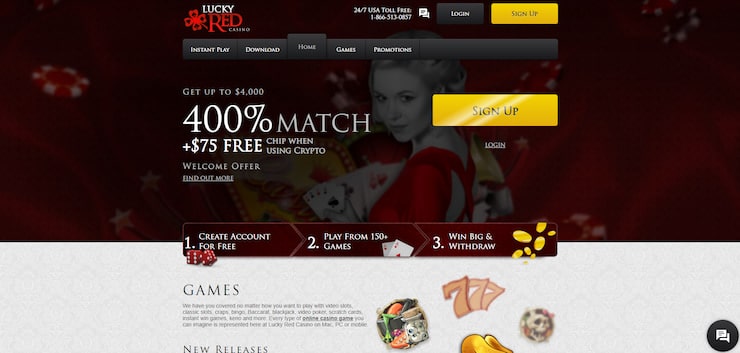 a preview of Lucky Red Casino homepage, showing its welcome bonus