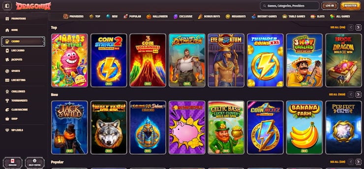 A look at the main casino page at Dragonia, the No. 1 online casino in Ontario, Canada