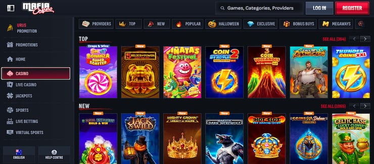 a look at the main casino page at Mafia Casino