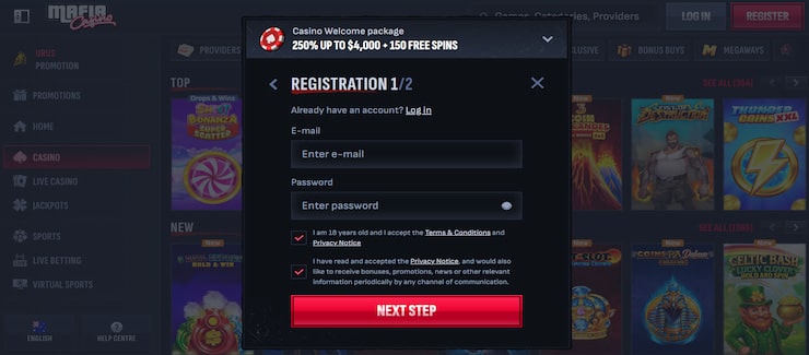 a screenshot showing the pop-up for registering at Mafia Casino