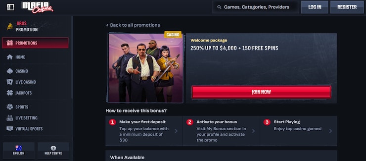 a preview of the promotion page at Mafia Casino, showing the welcome bonus
