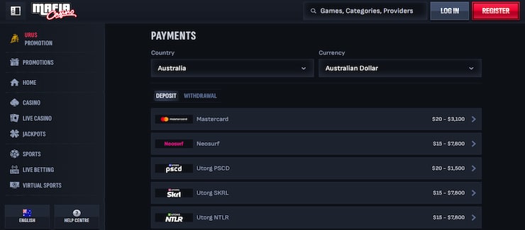 A snapshot of the payments page at Mafia Casino