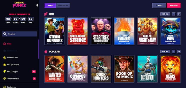 CasinoPunkz offers a stylish design and unique aesthetic as a no account casino