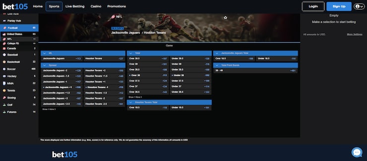 A screenshot of the markets for an upcoming Jaguars vs Texans NFL game at Bet105