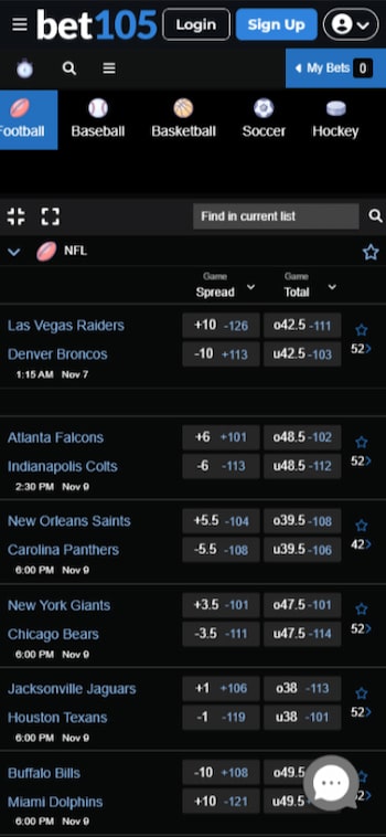 A mobile preview showing the upcoming NFL slate and odds at Bet105
