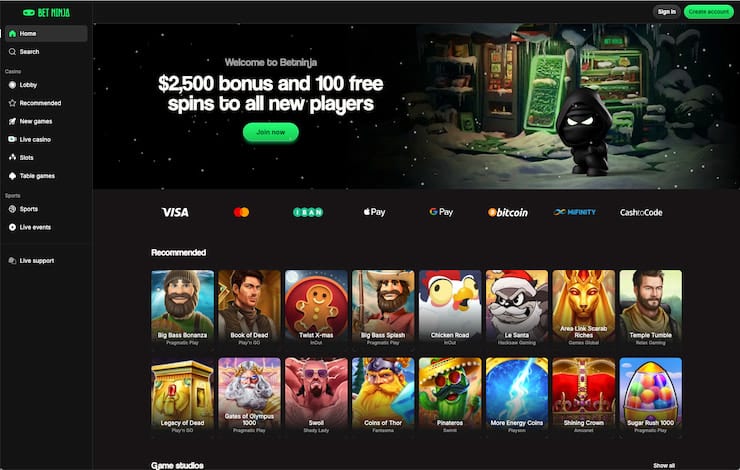The Betninja Casino homepage