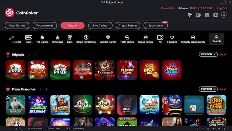 The Coinpoker slot game lobby as seen in the desktop app.