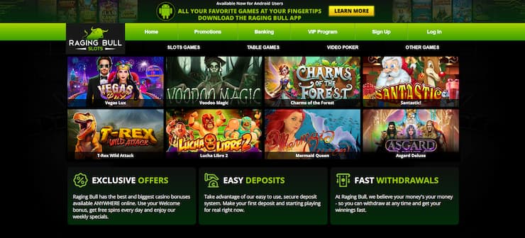 Play Betsoft slots at Raging Bull casino, here displayed on desktop.