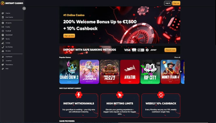 Screenshot van de Instant Casino homepage met bonuspromoties en spelgrid