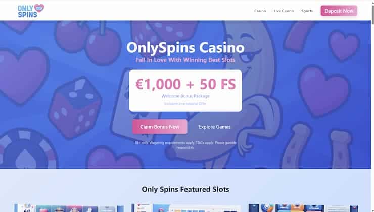 A snapshot of OnlySpins Casino landing page on a desktop device.