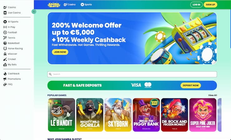 Checking out the Samba Slots casino homepage