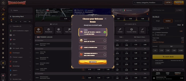 A screenshot showing the different sign-up offers in a pop-up at Dragonia