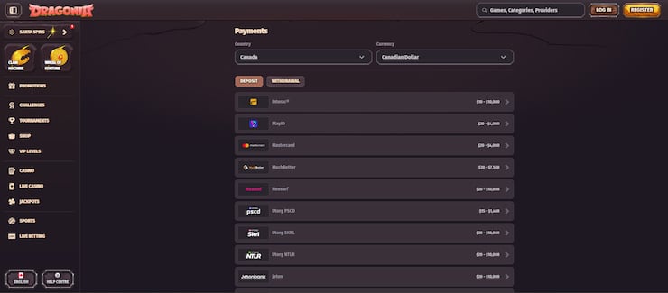 A look at the deposit options available at Dragonia