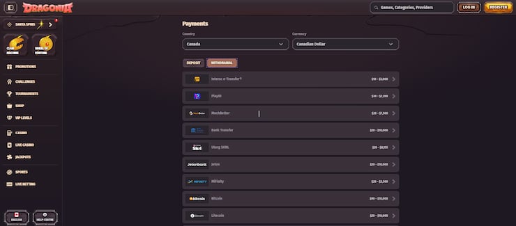A snapshot of the withdrawal method choices at Dragonia
