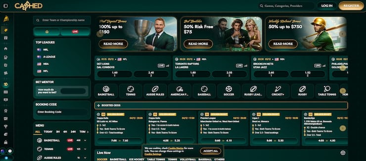 A look at the main Cashed sportbook page, displayed top Australia sports