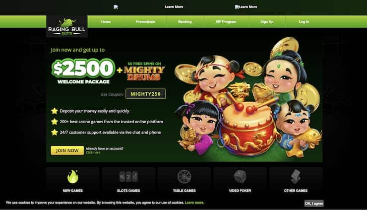 A snapshot of Raging Bull Casino landing page, one of the best no deposit casinos in the USA.