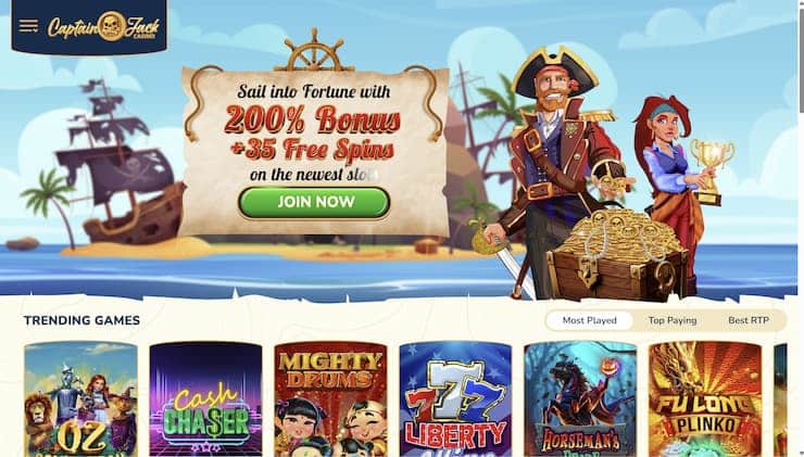 A look at Captain Jack Casino landing page on a desktop device.