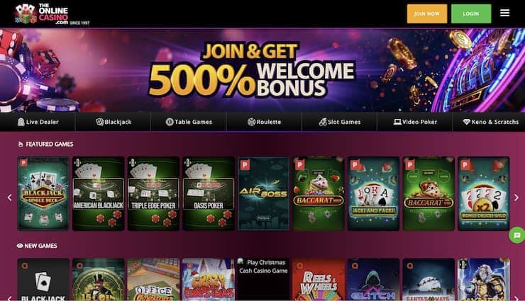 A look at TheOnlineCasino landing page on a desktop device.