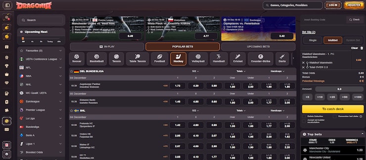 A screenshot showing the top hockey markets at Dragonia, one of the best sports betting sites in Canada