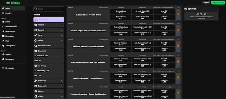 A snapshot of the NHL markets available at BetNinja