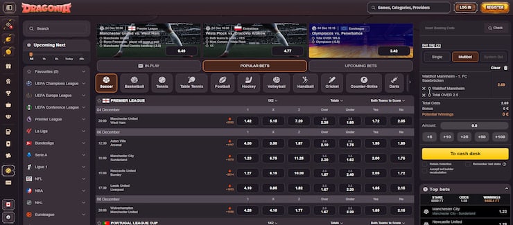 A snapshot of the main sportsbook page at Dragonia