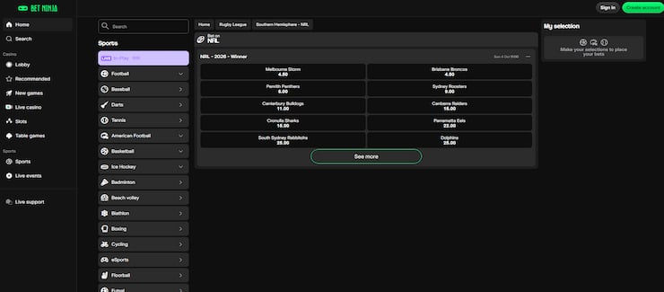 A snapshot of the NRL futures markets on offer at BetNinja