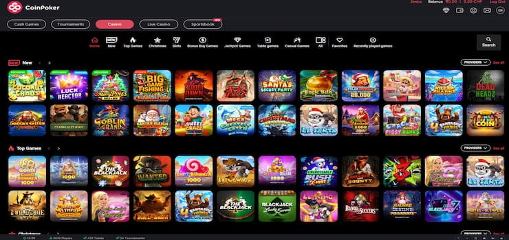 A screenshot of the main casino games available at CoinPoker