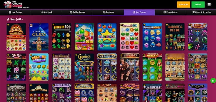 A snapshot of the main casino landing page showing top games at TheOnlineCasino