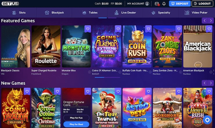 BetUS casino games lobby featuring slots, blackjack, roulette, and live dealer titles for our BetUS review