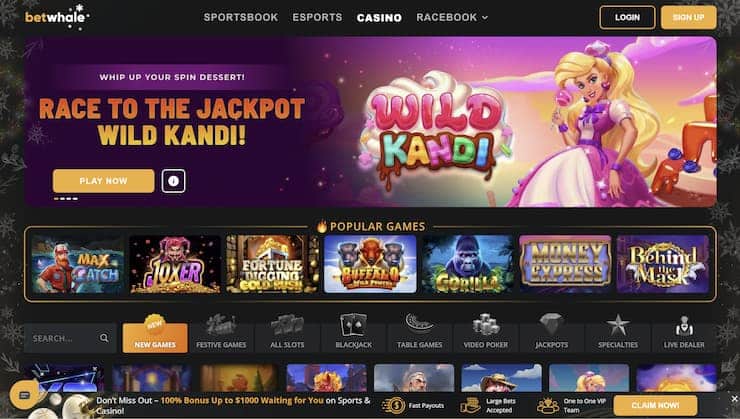 A snapshot of BetWhale, the best casino for playing penny slots.