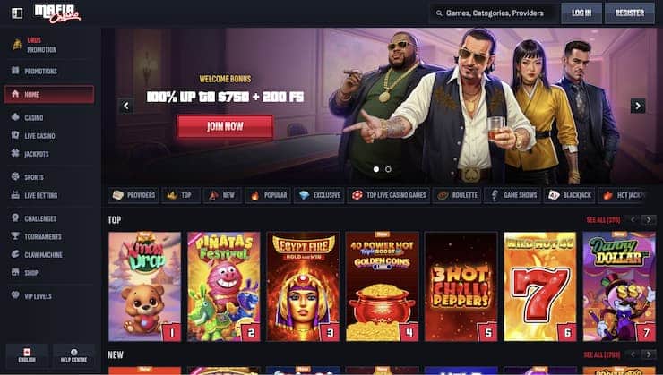 An image showing Mafia Casino landing page on a desktop device.