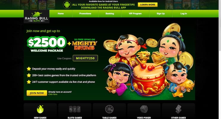 Screenshot of Raging Bull Casino app interface on a mobile device