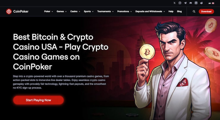 CoinPoker website homepage promoting its decentralized crypto casino platform, ideal for anonymous high-volatility Novomatic slot sessions.