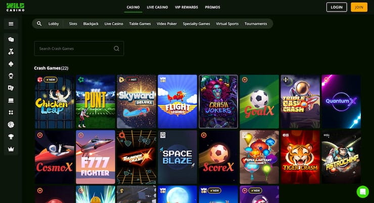 Wild Casino's game lobby showing a diverse grid of crash games including 'Chicken Leap,' 'Punt,' and 'CosmoX' under a dark-themed user interface.