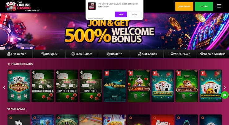 The Online Casino homepage showcasing a 500% welcome match and a library of 'Instant Win' titles tailored for high-speed crypto gaming.