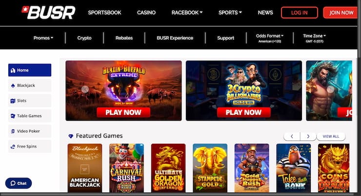 BUSR Casino homepage showing featured slot and blackjack games with login and join buttons.