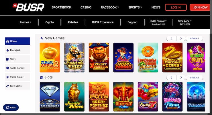 BUSR Casino games lobby showing new slot releases and popular slot games in a grid layout.