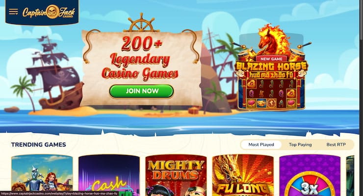 Captain Jack Casino homepage featuring a 200+ legendary casino games banner and Blazing Horse slot promotion.