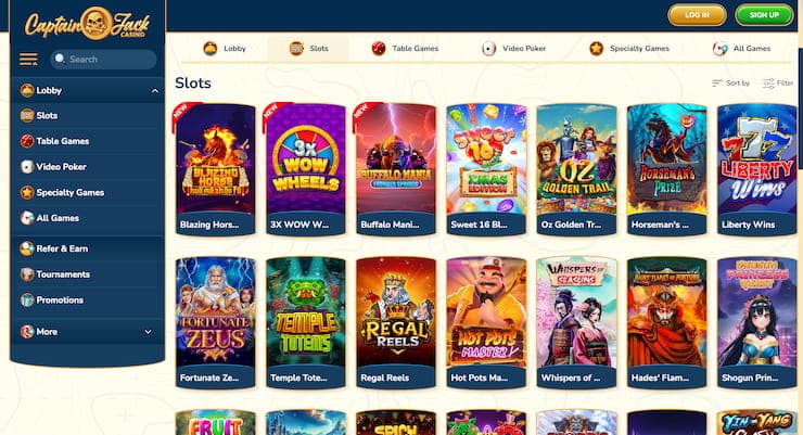 Captain Jack Casino slots lobby displaying popular and new slot games in a grid layout.
